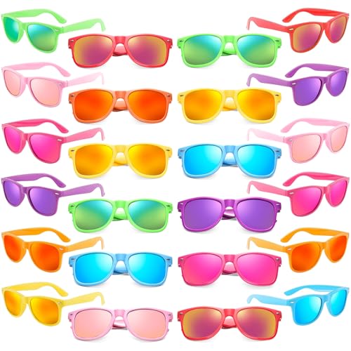 Matcheck 24 Neon Colors Sunglasses Mirrored Lens Bulk Glasses Retro Classic Party Favors Birthday Pool Unisex Adult