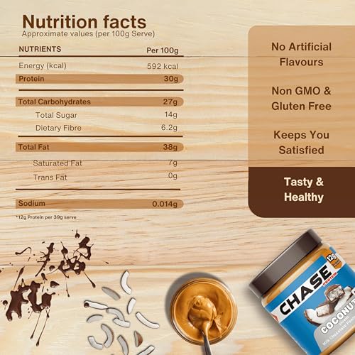 Image of Chase High Protein Peanut Butter Creamy 400g | With Isolate Whey & 120g Protein in Jar | 12g Per Serve | Milk Chocolate Coconut Flavour with Coconut Shreds | Nut Butter for Breakfast, Fitness & Gym