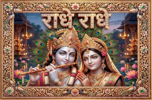 Image of Rangoli Radha Krishna Self Adhesive Poster 18x12 Inch | Radhe Radhe Hindu God Wall Sticker Poster for Home Temple Pooja Room Living Room Bedroom Decor | Spiritual Devotional Wall Art