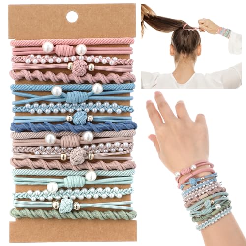 20 Stück Boho Haargummis mit Perlen, Armband Haargummi Mädchen, Weiche Geflochtener Zopfgummi, Elastische Pferdeschwanzhalter, Haargummi Armbänder für für dünnes/dickes/mittleres/langes Haar