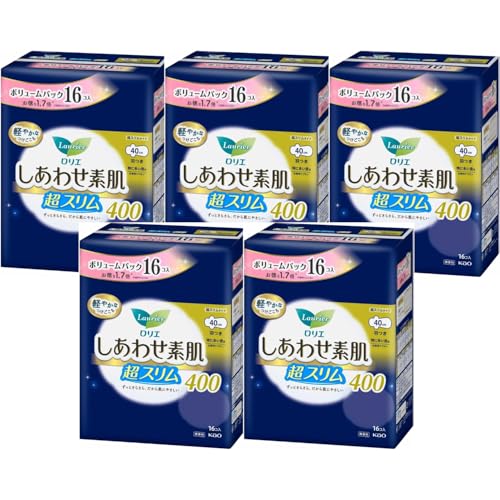 ロリエしあわせ素肌 超スリムタイプ 各種まとめ買いセット +オリジナルおしぼり付 (特に多い夜用 40cm 羽つき 16コ入, 5個セット)