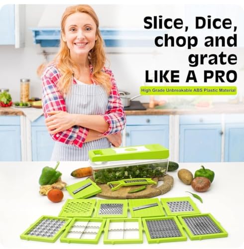 Image of Vegetable Chopper with Container, Manual Food Chopper with Stainless Steel Blades, Multipurpose Vegetable Cutter & Slicer, ABS Plastic (12 in 1 Chopper)
