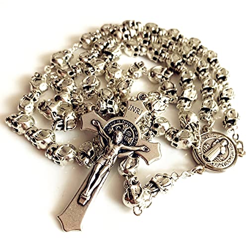 elegantmedical Handmade Catholic Saint St.Benedict Rosary Crucifix Cross Silver skull beads Catholic necklace Gift Box