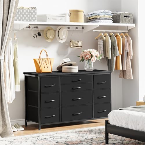 Jojoka Wide Dresser with 10 Large Drawers for 55'' Long TV Stand with Power Outlet Entertainment Center, Storage Fabric Drawer Unit for Bedroom, Closet, Entryway, Sturdy Metal Frame, Black