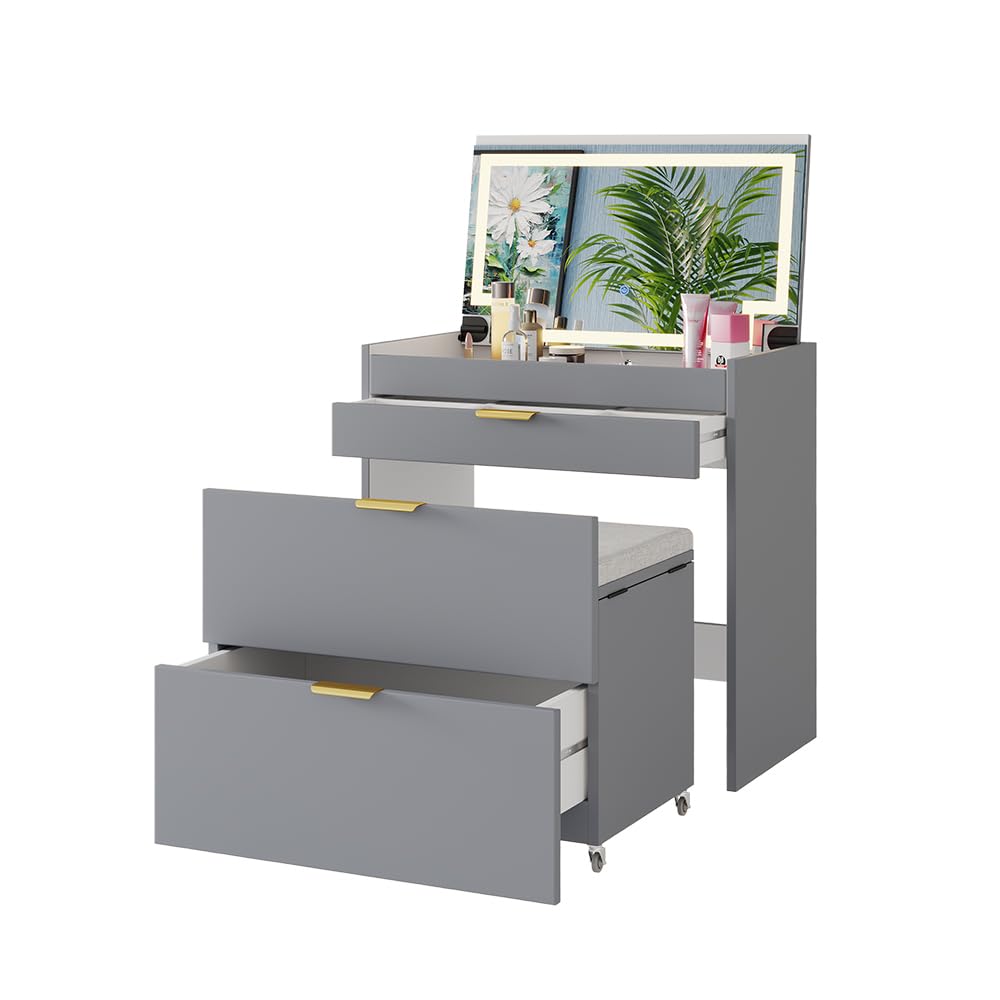 Vicco Schminkkommode Wanja, Grau, 80 cm | mit Bank und LED Spiegel, nutzbar als Schminktisch und Schreibtisch mit drehbarem Hocker