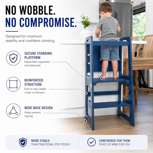 Image of Avenlur Toddler Tower, Date 4-in-1 Kitchen & Learning Tower (Blue) | Avenlur Date 4-in-1 Kitchen Tower doubles as a kitchen stool for toddlers, montessori tower, and toddler tower table.