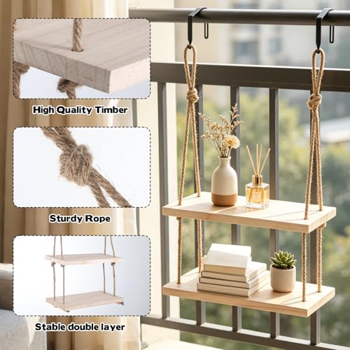 KKONHII 2Pcs Cubicle Shelf for Walls, Office Cubicle Accessories for Work, 11.8" 2 Tier Wooden Hanging Wall Shelf with Hooks & Cotton Rope Boho Style Decor Desk Wall Organizer Storage for Office Home by KKONHII - Used condition - Image 3