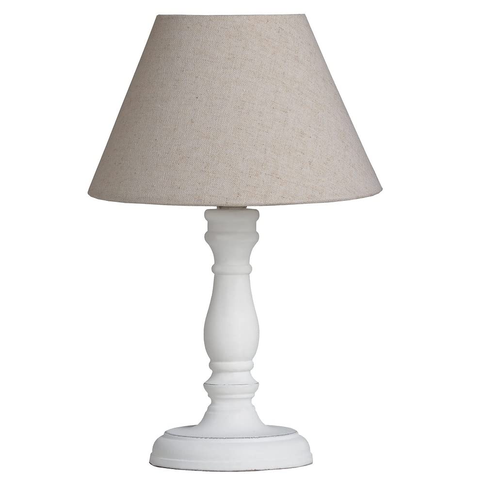 White Washed Wood Vintage Rustic Table Lamp with Oatmeal Linen Fabric Tapered Shade | 30cm Height | 1 x ES E27 Lamp Bulb Required | UK Approved | in-Line On Off Switch | Wooden Lathe Turned