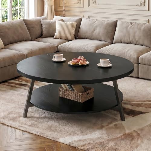 Image of Armocity 35.4 inch Round Wood Coffee Table with 2-Tier Storage, 1 inch Thick Top