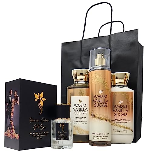 Bath and Body Warm Vanilla Sugar Trio Gift Set with Fawn Over Me Perfume and Gift Bag
