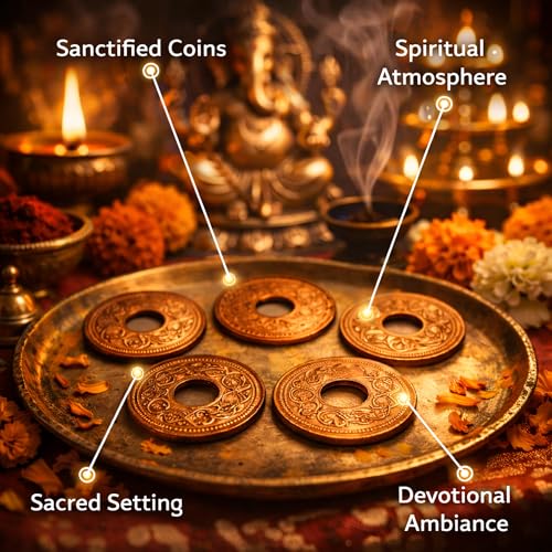 Image of Pure Copper Coins with Hole for Pooja & Astrology | 5 pcs Tambe Ka Ched Wala Sikka for Lal Kitab Remedies, Vastu & Good Luck | Original Copper Lucky Coins for Wallet
