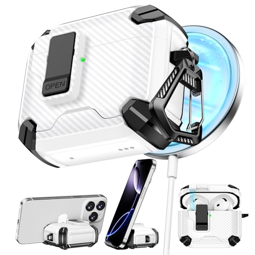 Image of Pohgelan Compatible with AirPods 4 Case Carbon Fiber Texture(White) | Magnetic Automatic Lock with Phone Stand & Cleaning Kit,Compatible with Magsafe