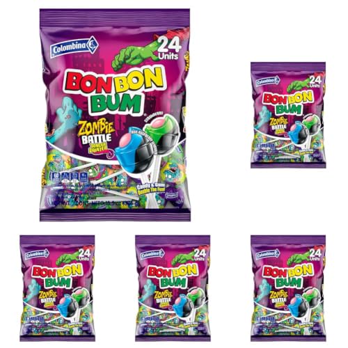 Colombina Bon Bon Bum Halloween Lollipops, Hard Candy, Bubble Gum, 24 Count (Pack of 5)