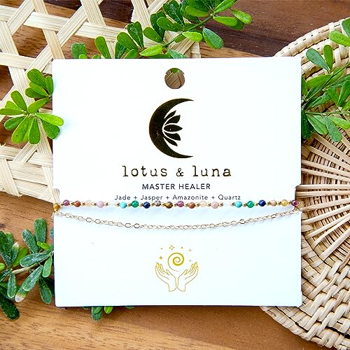 Lotus and Luna 2MM Master Healer Energy Chakra Healing Dainty Layered Bracelet with Real Stones Jade, Pearl, Rose Quartz, Amethyst, Moonstone2