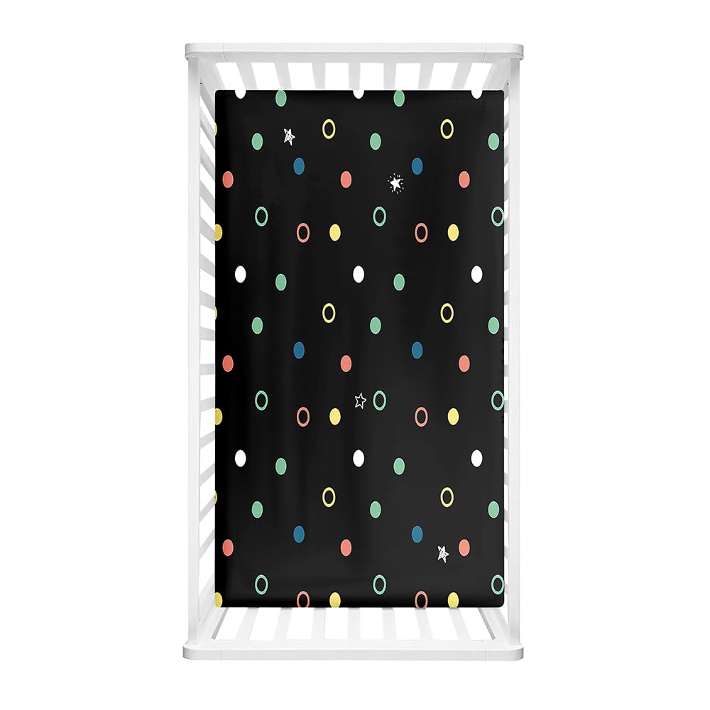 Odot Cot Bed Fitted Sheets Travel Cot Sheets, Colorful Polka Dots Print Microfiber Mattress Protector Cozy Breathable Toddler Baby Kids Bedding for Cradle, Cribs, Bassinet (Black,80x160cm)