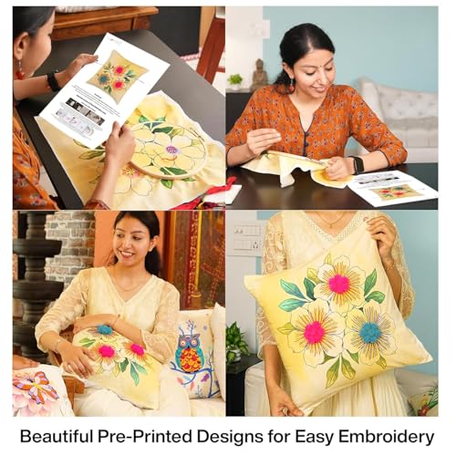 Image of picknMAKE Beginners for Set Kit Embroidery Hand Cover Cushion DIY 2 of Pack - Covers Pillow Cross-Stitch Bloom Floral | Decor Home | 16 inchx16 inch | Pattern Printed Digitally | Included Materials All
