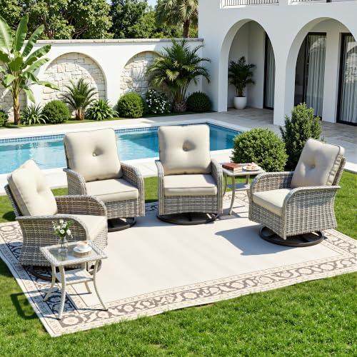 Image of 6-Piece Small Patio Furniture Set, Outdoor Swivel Rocking Chairs Set with Wicker Chairs and Tempered Glass Side Table, Outdoor Furniture Patio Bistro Set for Balcony, Deck, Porch