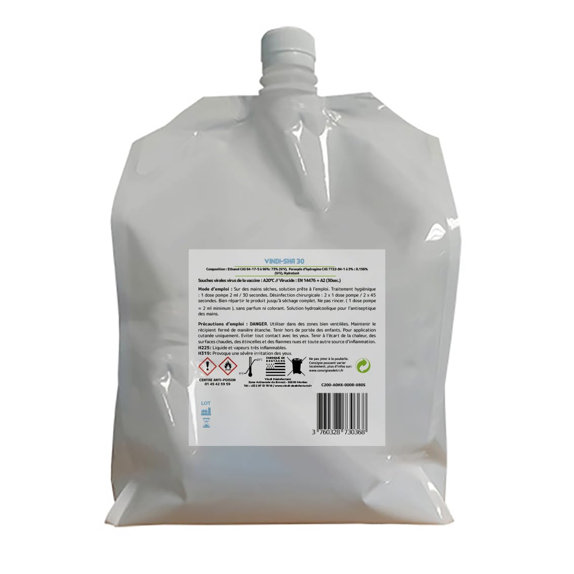 Vindi Désinfectant solution hydroalcoolique - Bidon-écorecharge de 2,5L - Fabrication Française - 76% d'alcool - Désinfection des mains et des surfaces - Virucide