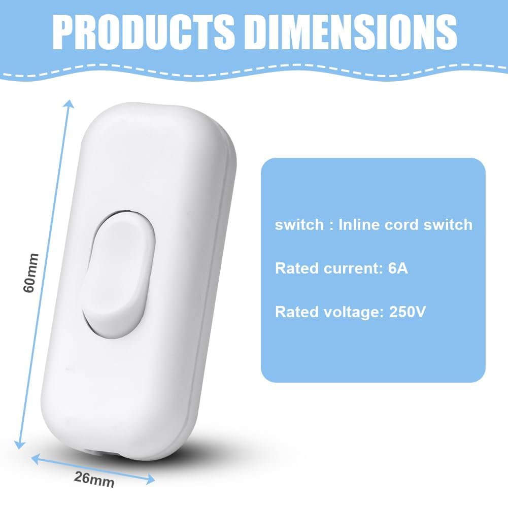 AXFEE 1 Pieza Interruptor Lampara Torpedo, 6A 250V Interruptor de Alimentación en Línea, Interruptor de Cable en Línea Botón, para electrodomésticos pequeños o lámparas, Blanco