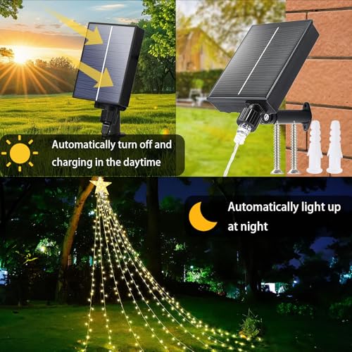 Aofonchy Solar Christmas Lights, 2M/ 6.6FT x 9 Strands Waterfall Lights with Topper Star - Image 3