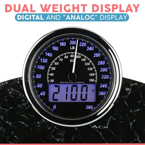 Adamson Hybrid 2-in-1 Analog & Digital Weighing Scale for Body Weight up to 400lbs + Thick Tempered Glass + Extra Large Display + Easy to Read Digital Bathroom Scale + New 2024 - Marble Black - Thumbnail 3