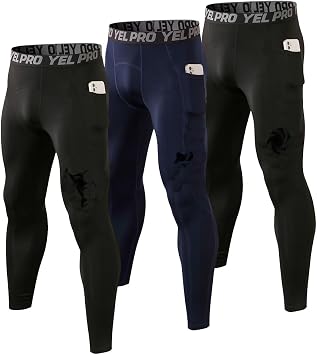 Yuerlian Fleece Lined Running Tights Mens Thermal Compression Pants Compression Baselayer Leggings with Pockets