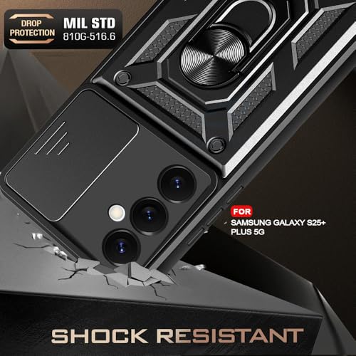 Image of AESTMO Tough Armor Samsung Galaxy S25 Plus 5G Bumper Back Case Cover | Ring Holder & Sliding Camera Cover | 360 Degree Protection Back Case Cover (Black)