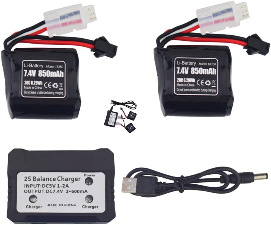 sea jump 2PCS 7.4V 850mAh SM-2P Plug Lithium Battery with 2-in-1 Charger for Syma Q2 Q3 Skytech H100 T1 T02 H102 H106 H108 H120 Remote Control Boat High-Rate Battery Accessories