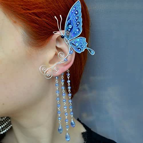 Wire Wrapped Blue Sea Glass Butterfly Ear Cuffs Wings Film