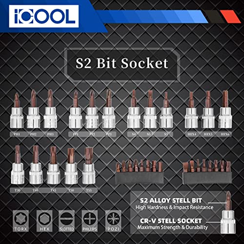 Icool 121Pcs 1/4" 3/8" 1/2" Drive Socket Set, Ratchet Socket Wrench Set With 72-Tooth Quick Released Reversible Ratchet, Sockets For Home Or Automobile Maintenance #TOP3