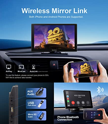 Seventour Portable 9" Car Stereo Radio With Wireless Apple Carplay & Android Auto And 1080P Backup Camera, Ips Display Screen For Cars,Bluetooth/Gps Navigation/Mirror Link/Aux Out/Usb/Fm/Video Player #TOP2