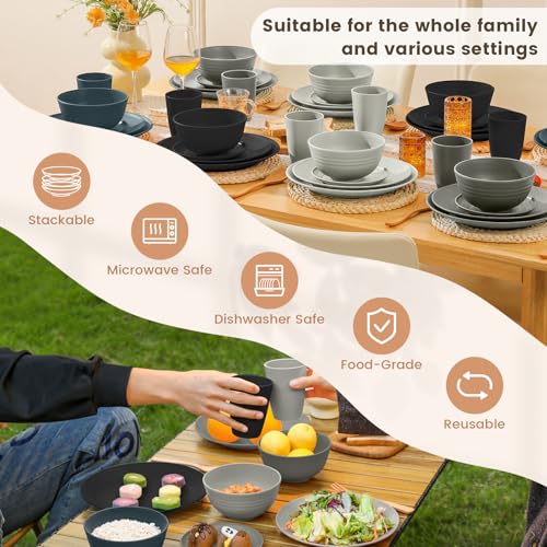 Image of Homienly Premium 40 PCS Wheat Straw Dinnerware Set - Dinner Plates, Cereal Bowls, Unbreakable Cups Set, Microwave and Dishwasher Safe Dishes Set, Reusable Lightweight Dish Sets for Kitchen(Black Grey)