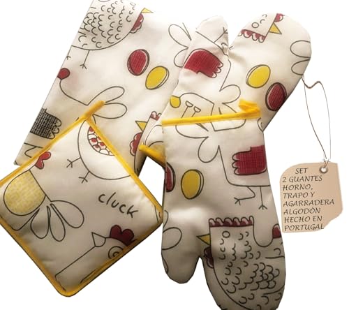 KRAPPS Manoplas Horno, Fabricado en Portugal, Juego de 2 Guantes Horno + 1 Agarraderas + 1 Trapo Cocina o Paño Cocina, Guantes Algodon, Guantes Cocina, Guantes Barbacoa, Toallas Cocina