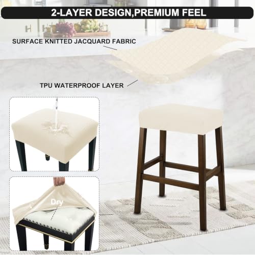Image of NeColorLife Rectangle Bar Stool Covers Waterproof,Beige,2 Pack | Stretch Saddle Seat Covers for Counter Height, Kitchen Island, and Vanity Bar Stools, Protecting Seats from Daily Wear