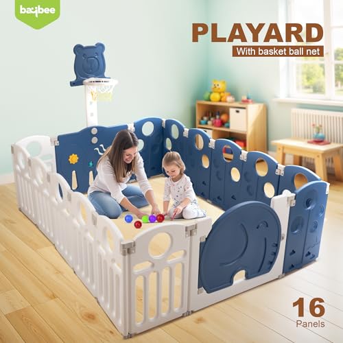 Image of Baybee 2 in 1 Foldable Kids Playpen for Babies | Baby Play Area Indoor Setup with Basketball Set, Sensory Toys, Safety Lock, & Double Knob | Outdoor Play Pen for Kids for 0-5 Years | Baby Activity Playards for 0-5 Years (16 Panels)
