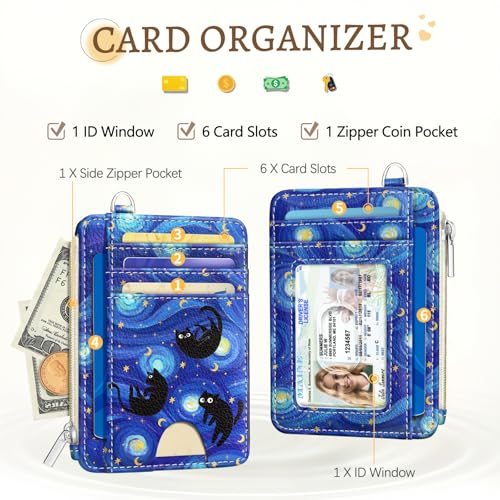 Image of Kelvoris Black Cat RFID Wallet Women Credit Card Holder, Small Slim Cute | Keychain, Zipper Coin Pocket, Front Pocket Thin Travel Card Case, Minimalist, 6 Card Slots, 1 ID Window, Ladies Gifts Woman