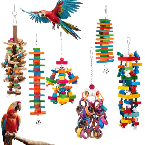 Image of Seenelling 6 Pcs Extra Large Bird Toys for Parrots, Block and Ring | Multicolored Natural Wooden Blocks & Beads Bells, Bird Cage Chewing Toys for Large Medium Macaws African Grey Cockatoos