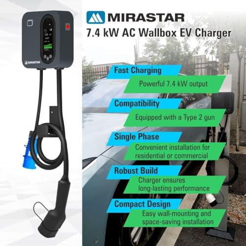 Image of MIRASTAR Wallbox EV CAR Charger | 7.4 kW, Type 2 Gun, 32A Single Phase | Fast Charging | EV Charger