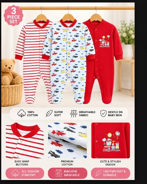 Image of 100% Cotton Baby Rompers /Sleepsuits /Jumpsuit /Night Suits for Baby Boys & Girls, Infants, New Borns