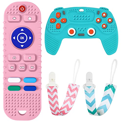 Image of 2PCS Silicone Baby Teething Toys, Remote Control Shape Teething Toys and Game Controller Teether Toy with 2PCS Pacifier Clip, BPA Free Silicone Remote Teether for Baby 3+ Months,Frozen(Bule&Pink)