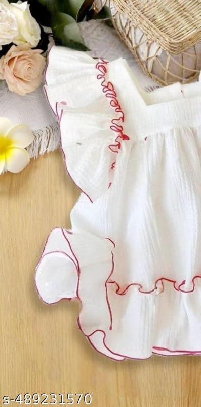 Image of Cotton Blend Round Neck White Frock Dress for Baby Girls