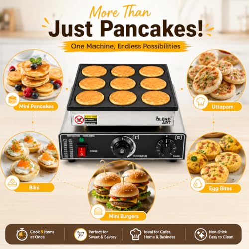 Image of Blend Art Mini Pancake Maker Machine Commercial Electric Non Stick Pancake Baker Stainless Steel Adjustable Temperature 50-300C Fast Heating for Bakery Cafe Food Stall Home (9 pcs)
