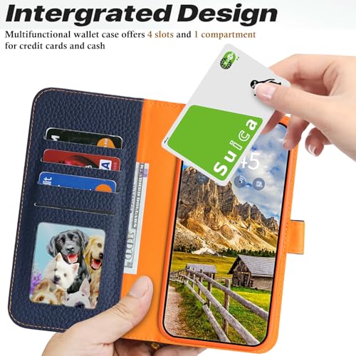 Image of Detachable Genuine Leather Case for iPhone 16 Wallet Case Magnetic 2in1 Removable Flip Cover Book Purse Compatible with Magsafe Charging Kickstand Card Holder-Navy Blue+Orange