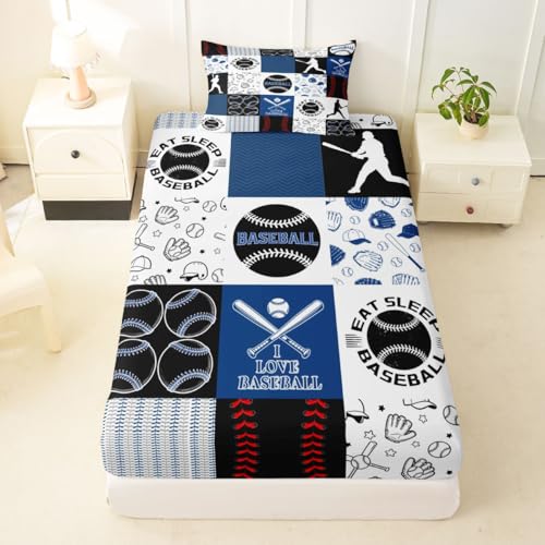 Image of Castle Fairy Baseball Bed Sheet Set Twin Size,Sports Geometric Grid Blue Sheet Set Kids Teens,Patchwork Baseball Bedding Decor Set with 1 Flat & 1 Fitted Sheet with 1 Pillow Sham