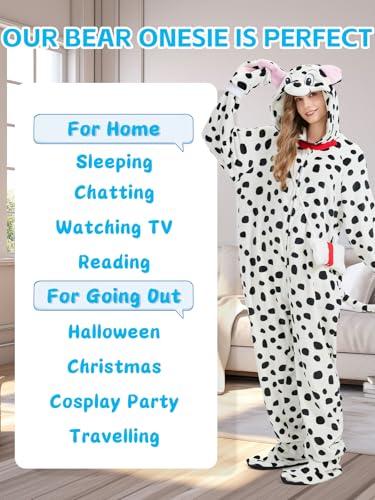 Hislovy Dalmatiner Kostüm Damen Herren, Tier Onesie Erwachsene Schlafanzug-Einteiler für Karneval Halloween Party,Weiß,3XL