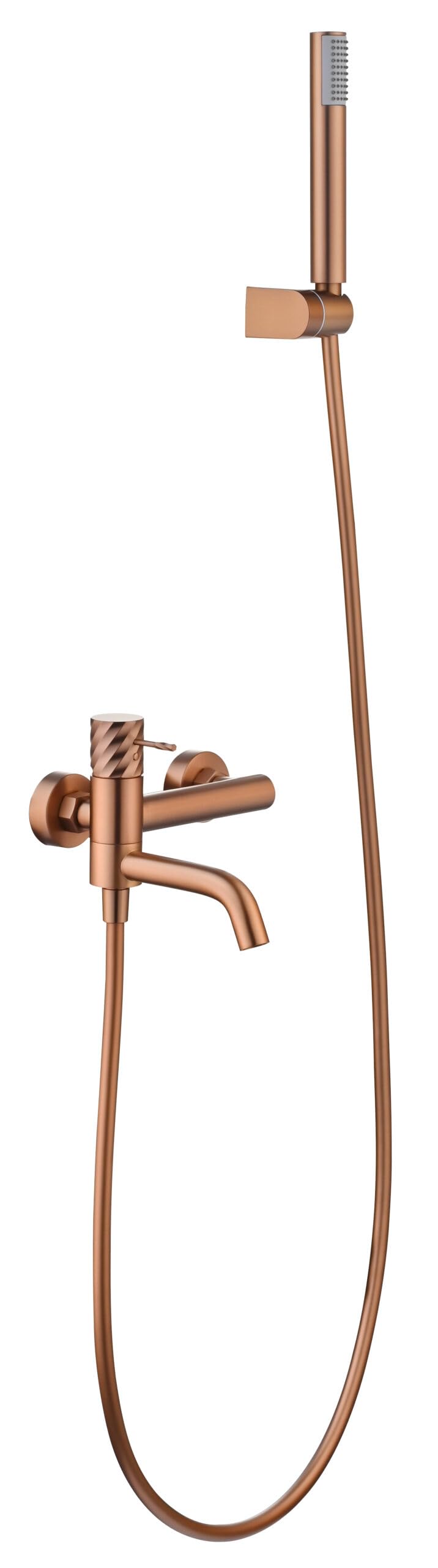 IMEX - Grifo Monomando Bañera y Ducha Oro Rosa | Grifo Mezclador de Pared con Soporte Alcachofa de Ducha y Manguera | Grifería en Latón y Acero Inoxidable S.304 | Serie Bless | Color Cobre