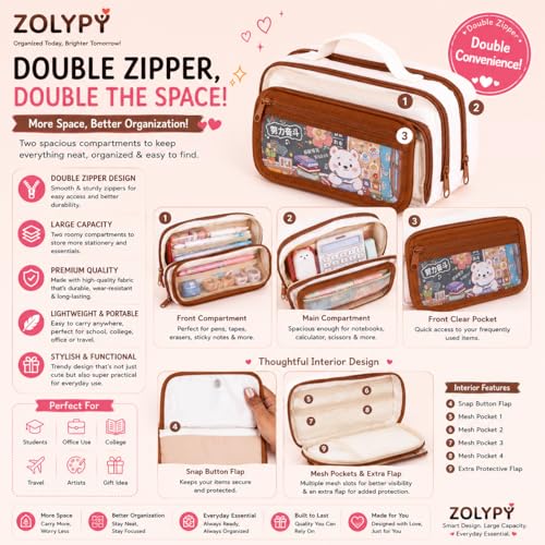 Image of Kawaii Cute Aesthetic Pencil Case for Girls & Boys | 3 Layer 6 Compartment Large Capacity Pencil Pouch with Zipper | Cartoon Stationery Organizer Bag for Students & Kids (Beige Brown)