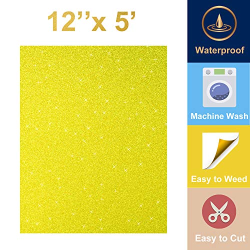 Glitter HTV Vinyl Heat Transfer Vinyl Roll 12 inch x 5 ft Easy to Weed Iron on Vinyl Heat Press, DIY Design for T-Shirts, Pillow and Other Textiles(Gold)