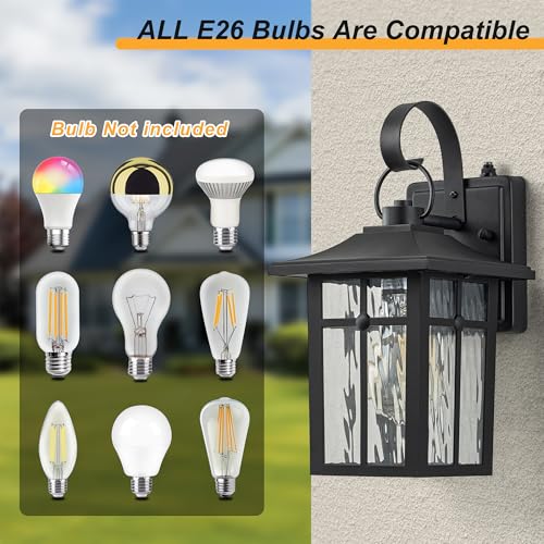 Image of 2 Pack Dusk to Dawn Outdoor Wall Lights, Black | Aluminum Exterior Light Fixtures Wall Mount, Ripple Glass, Waterproof Porch Lights, For Entryway, Garage, Patio