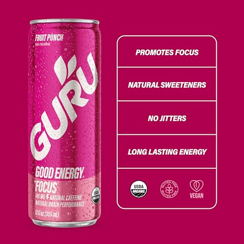 Image of GURU Energy Drink, Fruit Punch Organic Sparkling Energy Drink with Real Fruit Juice + L Theanine, 140 MG Natural Caffeine for Workouts, Performance & Midday Boost, Plant Based, Gluten Free, 12 Fl Oz, 12 Pack